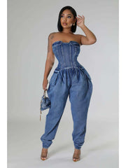 Duffel Bag Strapless Fitted Denim Jumpsuits