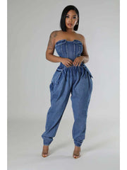 Duffel Bag Strapless Fitted Denim Jumpsuits