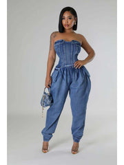 Duffel Bag Strapless Fitted Denim Jumpsuits