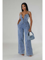 Sleeveless Denim Buckle Wide Leg Jumpsuits