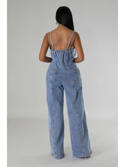 Sleeveless Denim Buckle Wide Leg Jumpsuits