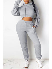 Solid Bare Waist Zipper Hooded Pant Sets