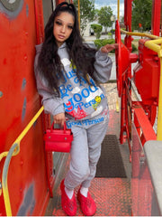 Graffiti Letter Print Hooded Loose Pant Sets