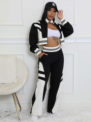 Colorblock Striped Trim Zipper Pant Sets