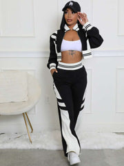 Colorblock Striped Trim Zipper Pant Sets