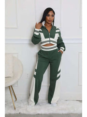 Colorblock Striped Trim Zipper Pant Sets