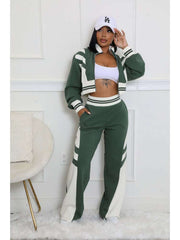 Colorblock Striped Trim Zipper Pant Sets