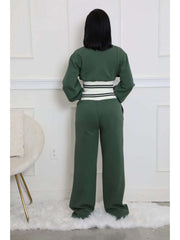 Colorblock Striped Trim Zipper Pant Sets