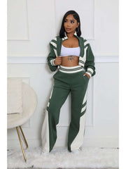 Colorblock Striped Trim Zipper Pant Sets