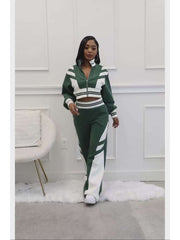 Colorblock Striped Trim Zipper Pant Sets