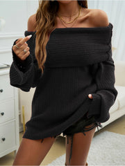 Off Shoulder Trumpet Sleeve Frayed Sweater