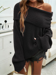 Off Shoulder Trumpet Sleeve Frayed Sweater