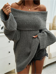 Off Shoulder Trumpet Sleeve Frayed Sweater