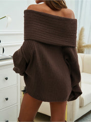 Off Shoulder Trumpet Sleeve Frayed Sweater