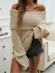 Off Shoulder Trumpet Sleeve Frayed Sweater