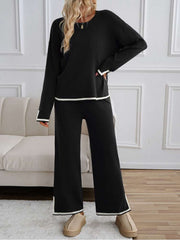 Colorblock Striped Trim Loose Knitted Pant Sets