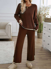 Colorblock Striped Trim Loose Knitted Pant Sets