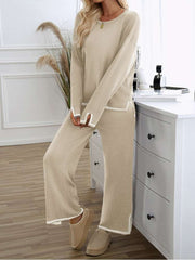 Colorblock Striped Trim Loose Knitted Pant Sets