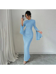 Plain Ruched Trumpet Sleeve Maxi Dress