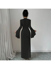 Plain Ruched Trumpet Sleeve Maxi Dress