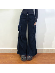 Patchwork Corduroy Wide Leg Cargo Pocket Pants