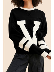 Colorblock Striped Trim Print Loose Sweater