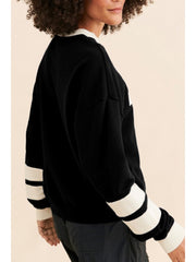 Colorblock Striped Trim Print Loose Sweater