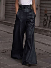 PU Patchwork Wide Leg Flared Pants