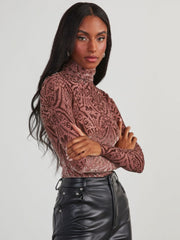 Velour Burn-Out Sheer Cowl Highneck Tops