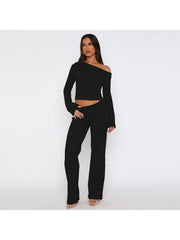 Solid Color One-shoulder Baggy Pant Sets