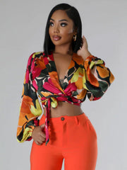 Colorblock Floral Bandage Cropped Shirt