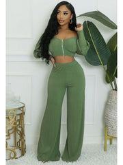 Rib Off Shoulder Zipper Cropped Pant Sets