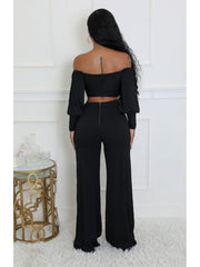 Rib Off Shoulder Zipper Cropped Pant Sets