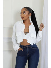 Plain Flap Pockets Lapel Cropped Shirt