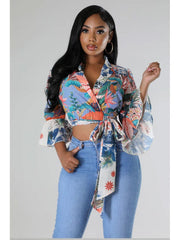 Floral Trumpet Sleeve Bandage Cropped Shirt