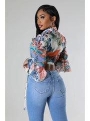 Floral Trumpet Sleeve Bandage Cropped Shirt