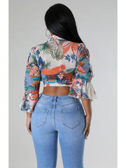 Floral Trumpet Sleeve Bandage Cropped Shirt