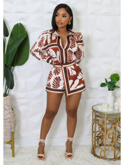 Contrast Color Print Shirt Short Sets