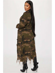 Ripped Fuzzy Trim Camo Lapel Trench Coat