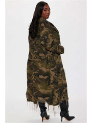 Ripped Fuzzy Trim Camo Lapel Trench Coat