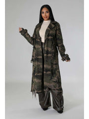 Ripped Fuzzy Trim Camo Lapel Trench Coat