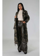 Ripped Fuzzy Trim Camo Lapel Trench Coat