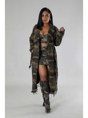 Ripped Fuzzy Trim Camo Lapel Trench Coat