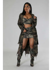 Ripped Fuzzy Trim Camo Lapel Trench Coat