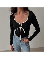 Lace Up Bow Square Neck Cropped Tops