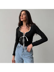 Lace Up Bow Square Neck Cropped Tops