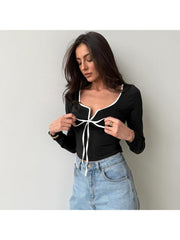 Lace Up Bow Square Neck Cropped Tops