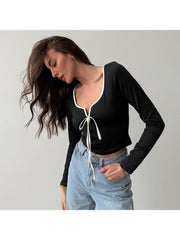 Lace Up Bow Square Neck Cropped Tops