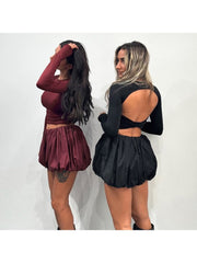 Knot Backless Cropped Bubble Skirt Sets