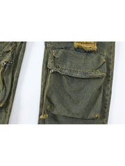 Ripped Washed Denim Cargo Pocket Jeans